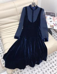 Casual Dresses 2023 Women Fashion Long Sleeve Stand-up Collar Vintage Velvet Stitching Silk Dress 0914