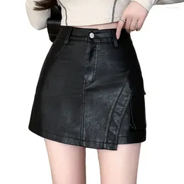 Women's Shorts 2023 Autumn Winter Mini Asymmetrical Skirts Washed PU Leather Black Slit A-Line Skirt Fashion Cargo Short Women Pants
