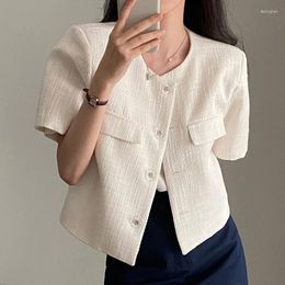 Women's Jackets Korea Chic Summer Small Fragrant Wind Round Neck Single Row Button Tops Loose Paired Short-sleeved Tweed Jacket Female