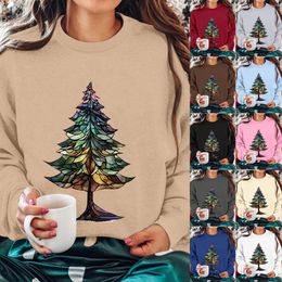 Women's Hoodies Round Neck Long Sleeved Christmas Tree Printed Hoodie Women Pullover Puffy Sleeve Sweatshirts Top Junior