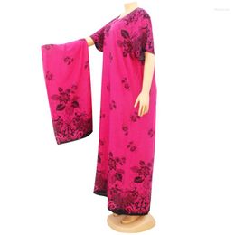 Ethnic Clothing Cotton Casual O Neck African Women Dresses With Scarf Floral Print Summer Short Sleeve Loose