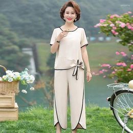 Women's Two Piece Pants Suit 2023 Summer Western Style Middle And Old Mom Fashion Chiffon Solid Colour Short Sleeve Top 2 Set