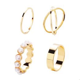 Band Rings Creative Retro Inlaid Pearl Ring For Women Vintage Gold Sier Colour Joint Set Female Elegant Fashion Jewellery Dhd2W