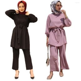 Ethnic Clothing Muslim Women Two Pieces Set Long Sleeve Blouse Wide Leg Pants Trousers Turkish Abaya Kaftan Jilbab Arab Girls Robe Islamic