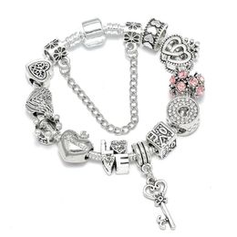Silver Plated Heart Key Pendant Charm Bracelets For Women Original Girls Princess Crown Beaded Bracelet Wife Jewelry2711