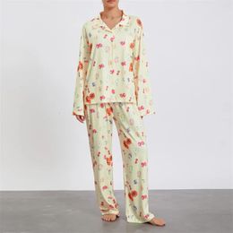 Women's Sleep Lounge 2 Piece Printed Pyjama Set for Women Cute Strawberry Floral Fruit Pattern Shirt Pants Button up Sleepwear Outfits Loungewear 231108