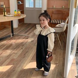 Clothing Sets Two Pieces Spring Autumn Baby Girls Clothes White Puff Sleeves Black Border Shirts Blouses Sleeveless Kids Overalls Pants