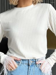 Women's T Shirts Casual Cotton Knited Shirt Round Neck Stripe Feather Slim Fit Pullover Korean Fashion Tops 2023 Autumn Long Sleeve Tee