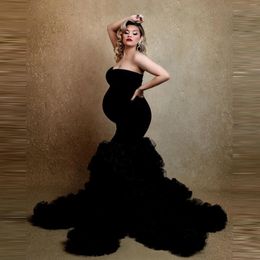 Party Dresses Luxury Mermaid Black Maternity Strapless Ruffles Custom Made Pregnancy Gowns Stretchy For Po Shoot Baby Showers