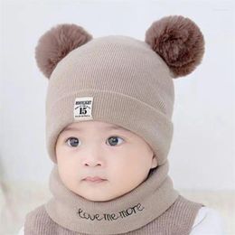 Berets 0-1y Warm Winter Baby Knit Beanie Hats Scarf Set Knitted With Pom Solid Colour Children'S Hat Boys Girls Accessories