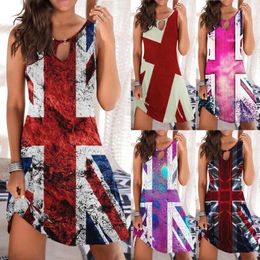 Casual Dresses Women Round Neck Hollow Ring Colourful Independence Day Print Sleeveless Dress Womens Midi