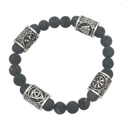 Charm Bracelets Slavic Men Bracelet Natural Lava Stone Rune Bead Amulet Vikingos Compass Celts Knot Runes Jewelry