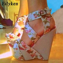 Sandals Eilyken Summer Fashion Peep Toe Solid Platform Women Designer Silk Print Flower Fabric High Heels Wedges Shoes 230408