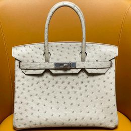Ostrich Handbags Tote Bag Bags Bk30 Pearl Grey SoutAfrican Kk Leather Full Handmade Rare Wax Thread Large Capacity Vhhe
