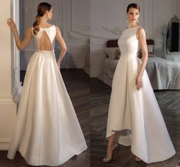 2024 clássico barco pescoço sem mangas a linha vestido de casamento de cetim para noiva elegante sem costas botões alto/baixo feminino vestidos formais de noiva vestidos de novia