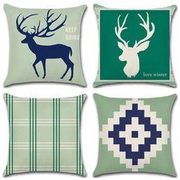 Pillow SBB S Fresh Reindeer Lattice Printed Light Green Linen Cover Decorative Sofa Throw Home Decor Case 45cm