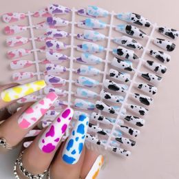 False Nails 24pcs Cow Print Design Flower Leaf Manicure Removable Press On Nail Full Cover Coffin Wear Artificial Fake NLCSH24