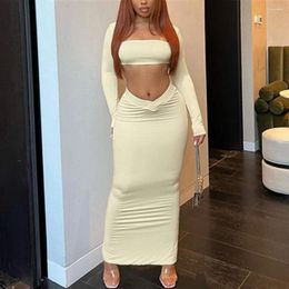 Work Dresses Echoine Long Sleeve Strapless Crop Tshirt And Low Waist Skirt Skinny Bodycon Sexy Party Matching Set Autumn Women Clothing