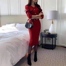 Work Dresses Knitted Crop Skirt Two-piece Set Button Long Sleeve Cardigan Midi Skirts Korean Fall 2023 Elegant Retro Red Christmas 2pc Sets