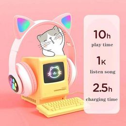 Cute Cat Ears Headphones Bluetooth Wireless Gaming Headset with Flashing LED Light Pink Stereo Music Earbud for Kids Girls Gift N28