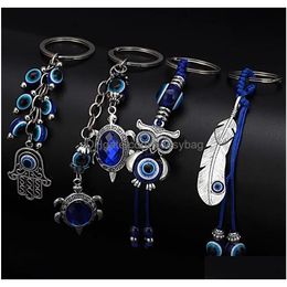 Key Rings Animal Turtle Owl Palm Evil Eyes Key Rings Keychain Glass Keyring Blue Eye Pendant Ornament Keychains Party Gift Drop Delive Dh2Hh