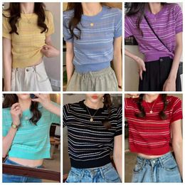 Women's T Shirts Summer Short Sleeves Tops For Women Stripes Colour Contrast Knitted Korean Style T-shirts Women's Sweet Slim