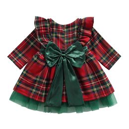 Clothing Sets Girl Infant First Christmas Costume for Baby Plaid Dress with Bow 1-6 Years Kid Festival Boutique Clothing Set Polyester Suits 231108