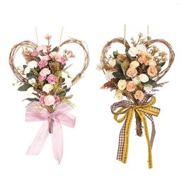 Decorative Flowers Wall Hanging Wreath Garland With Bow Flower Carnation Heart - Shaped Pink Mother's Day Home Wedding Decoration Fake