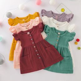Girl Dresses 2023 Summer Kids Girls Sleeve Dress Cotton Linen Casual Single-breasted With Pockets Toddler Princess Outfits