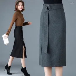 Skirts Plus Size S-3XL Women Woollen Pencil Skirt Spring Autumn Winter Fashion Casual Sexy Slim Office Work Wear With Belt Thick