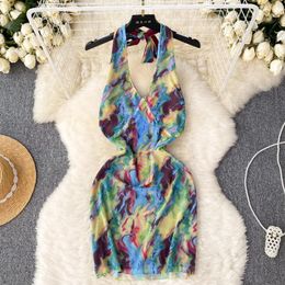 Casual Dresses Europe And Ameirica Style Girl Tie Dye Halter Neck Strap Dress Women Summer Backless V-Neck Slimming Fit Short