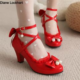 Dress Shoes Spring Women High Heels Cross Strap Mary Jane Pumps Party Wedding Cosplay White Red Black String Bead Bow Princess Lolita Shoes 231108