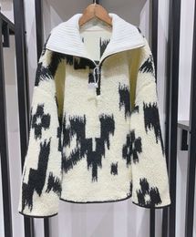 23aw Isabel Marant Women Wool Blends 틈새 디자이너 재킷 클래식 스타일 인쇄 빈티지 반 지퍼로드 칼라 양털 캐주얼 다목적 스웨터 아웃복 트렌드 탑