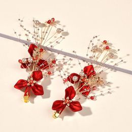 Hair Clips 2PCS Floral Clip Wedding Side Pin Pearl Hairpin Girls Red Flower Barrette Headpiece Bridal Accessories For Women