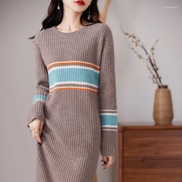 Casual Dresses Autumn And Winter Merino Cashmere Sweater Women's Round Neck Contrast Striped Long Skirt Wool Dress Knit Pullover