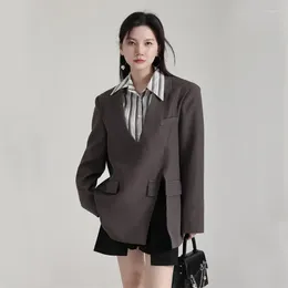Women's Suits Women Collarless Blazers Autumn Wide Shoulder V-neck Design Sense Mid-length Jackets 2023 Fashionable Retro Pullover Coats