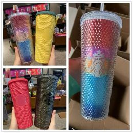 New Starbucks Cold Mugs with LOGO Studded Godness 24oz 710ml Tumbler Double Wall Matte Plastic Coffee Cups With Straw Reusable Clear Drinking 1108