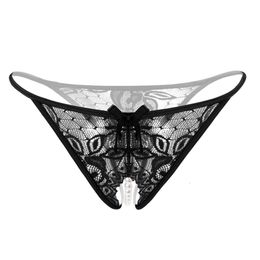 Plus Size Hot T Pants Open C Free Take-off Lace Panties with Pearl Massage Women's Thong Sexy Transparent Underwear