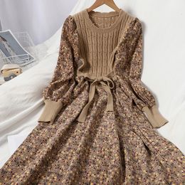 Casual Dresses Corduroy Flower Women's Dress Vintage Knitted Patch Work Tank Top De Mujer Sweet Korean Long Dress A-line 230408