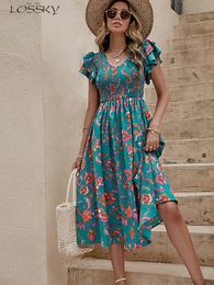 Casual Dresses Summer floral print Midi dress for women's fashion ultra-thin pleated sleeves beach dress casual and elegant green A-line print dress 230408