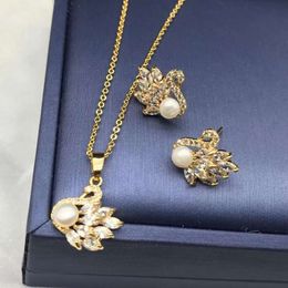 Micro Swan Necklace Earrings S Sier Needle Pearl Full Round Pendant Two Piece Set Jewellery -302