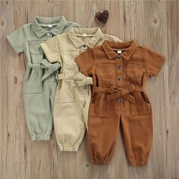 Rompers 15 year old children's and girls' casual long sleeved jumpsuit fashionable solid Colour lapel pocket single chest spring and autumn jumpsuit girl 230407