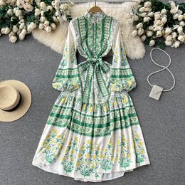 Casual Dresses Spring Summer Green Flower Holiday Vacation Dress Runway Women Turltneck Floral Print Bow Sashes Long Maxi Vestidos 2023