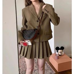 Two Piece Dress Women's Autumn Vintage Thousand Bird Checker Blazer Pleated Skirt Set Casual Plaid Double Breasted Suit Halfskirt