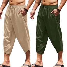 Men's Pants Wide Leg Summer Harajuku Calf Length Trousers Casual Cotton Linen Harem Baggy Dstring Beach Clothing