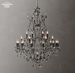 19th C. Rococo Iron & Crystal Chandeliers Lighting Retro Candle LED Black Pendant Lights for Dining Room Bedroom Foyer Hanging Lamps Lustre