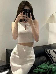 Work Dresses 2023 Spring And Summer Design Sexy Fashion Gold Buckle Knitted Elegant Top High Waist Package Hip Skirt Women's Suit