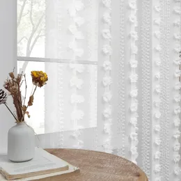 Curtain Vertical Striped White Hair Ball Sheer For Small Window Kitchen Voile Drape Flower Cutting Design #E