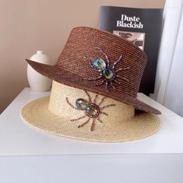 Wide Brim Hats European Bright Rhinestone Spider Straw Hat High Quality Women Summer Sunscreen Flat Top Plain Color Basin Fashion HatWide