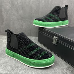 Green Fashion Mens Low Black Designer Rhinestone Sneakers Top Round Toe Flat Heel Men Casual Shoes Zapatillas Hombre 372 622